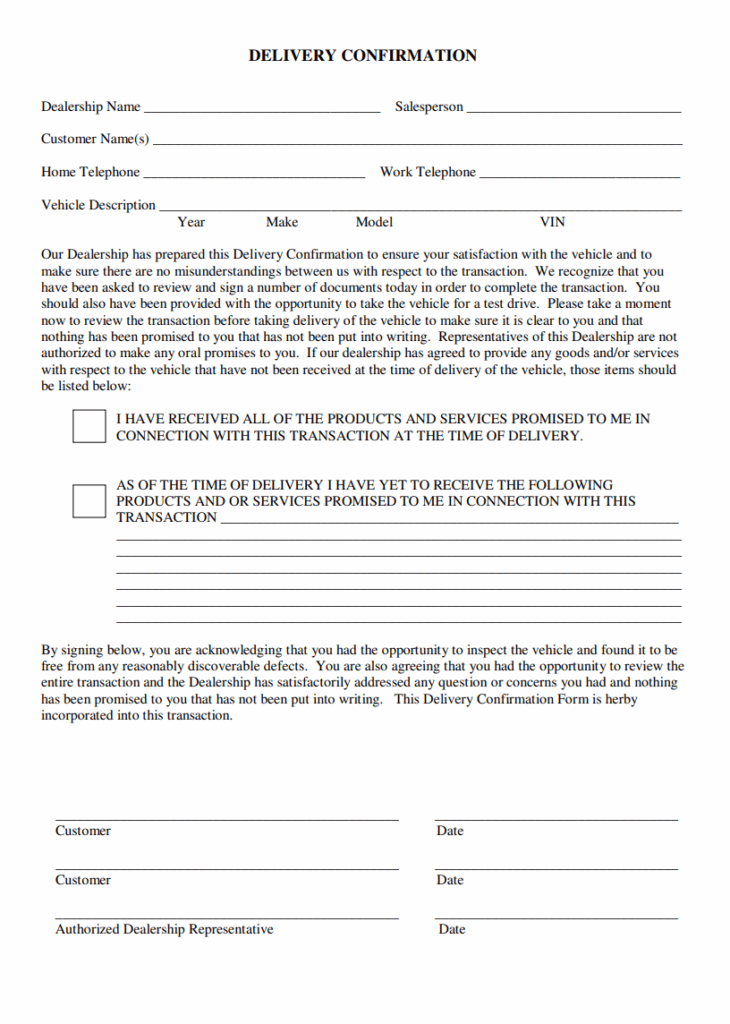 Delivery Conformation Receipt Template