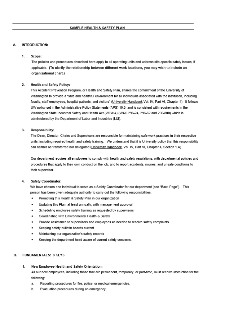 Departmental Health And Safety Plan Template