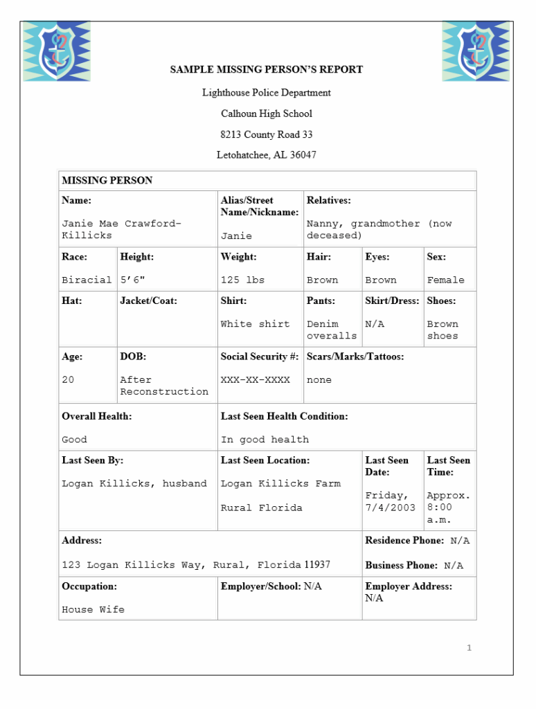 Missing Person Police Report Template