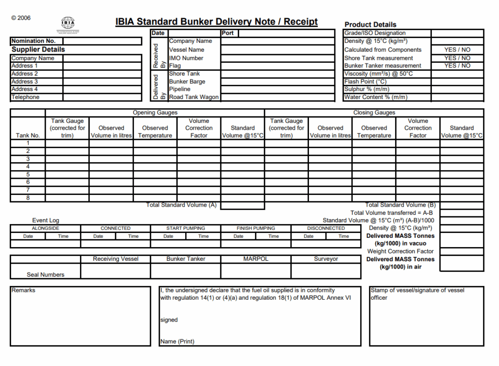 Standard Bunker Delivery Receipt Template