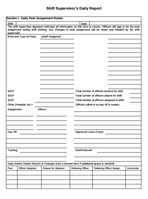Supervisor Shift Report Template