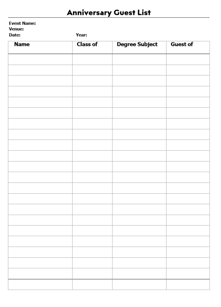 Anniversary Guest List Template MS Word
