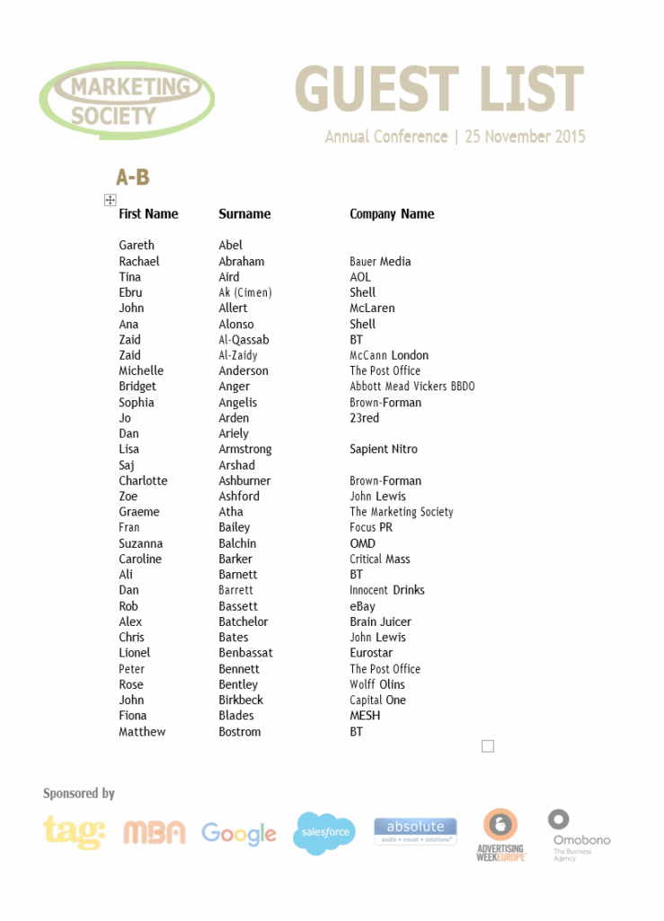 Conference Guest List Template