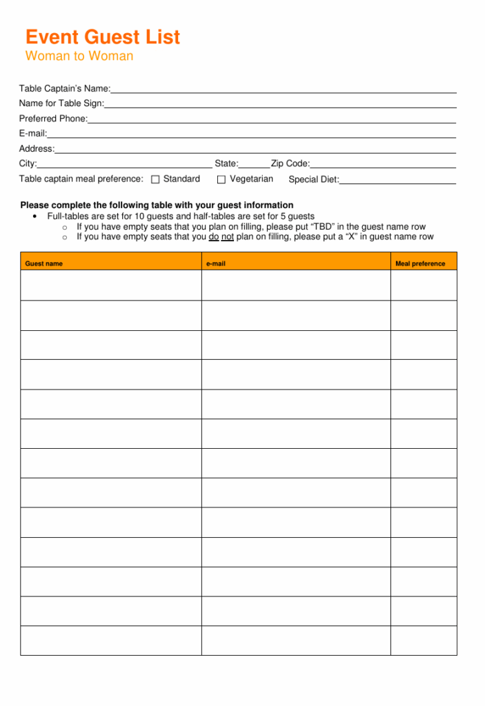 Printable Event Guest List Template