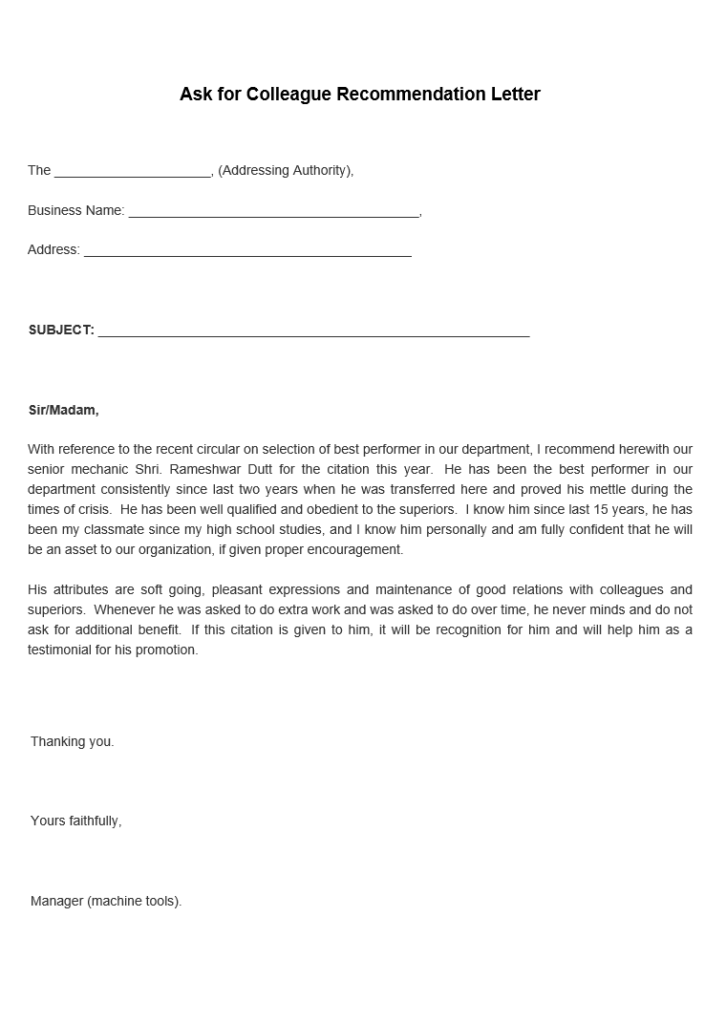 Ask for Colleague Recommendation Letter Sample