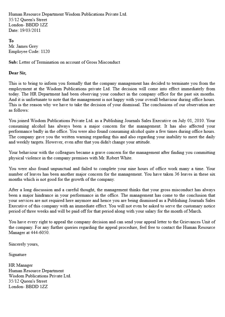 Job Termination Letter Sample