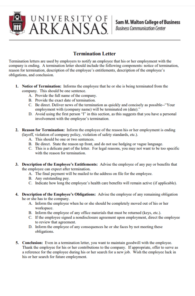 Job Termination Letter Writing Template