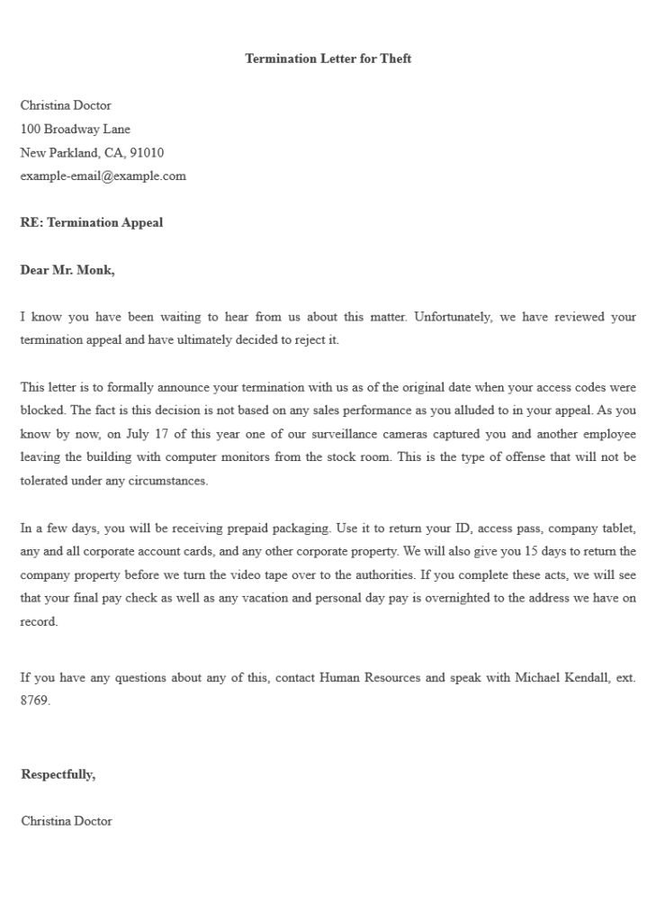 Letter of Job Termination Template