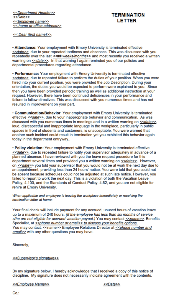 Poor Performance Termination Letter Template