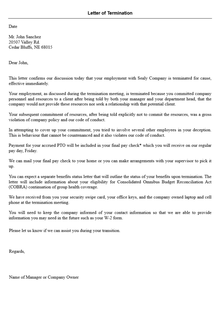 Sample Job Termination Letter For Misconduct
