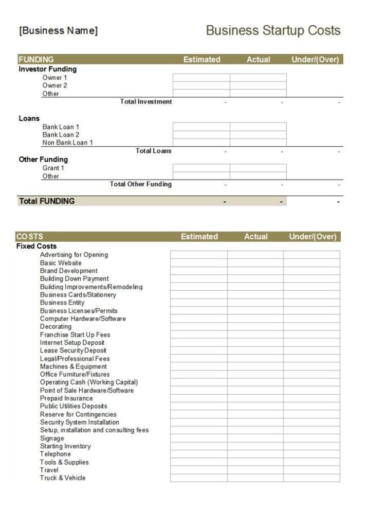 Printable Business Startup Financial Statement Template