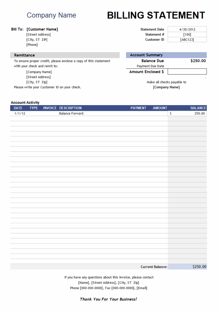 Billing Statement Template MS Excel