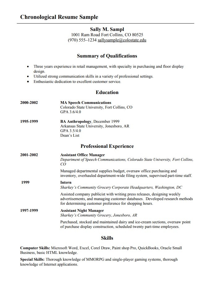 chronological cv resume sample