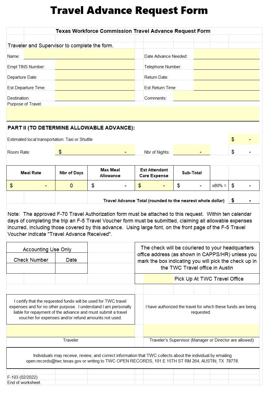 travel advance request form excel