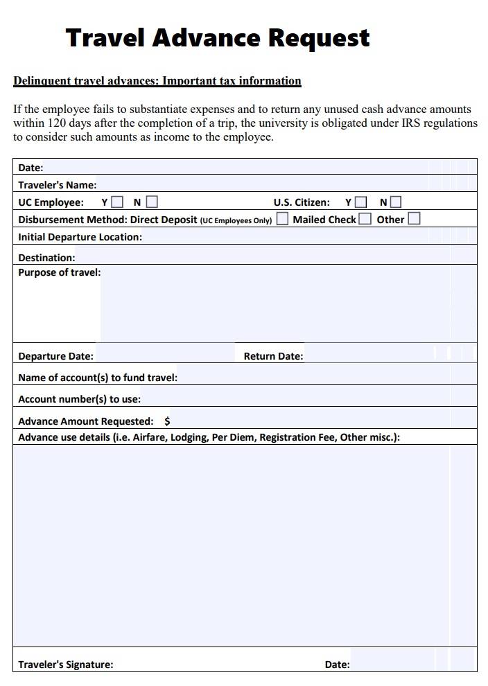 travel advance request form excel