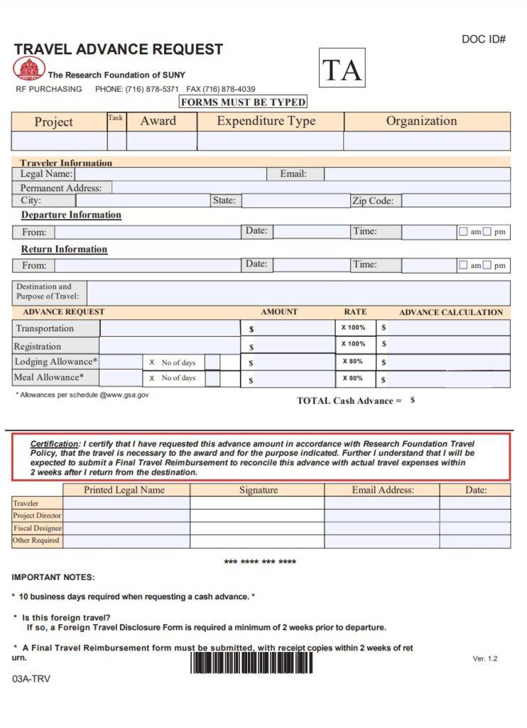 Travel Sponsors Advance Request Form