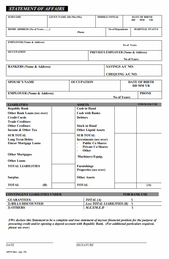 Free Statement of Affairs Template
