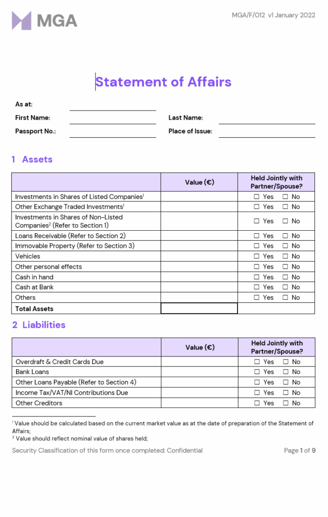Statement of Affairs Declaration Template